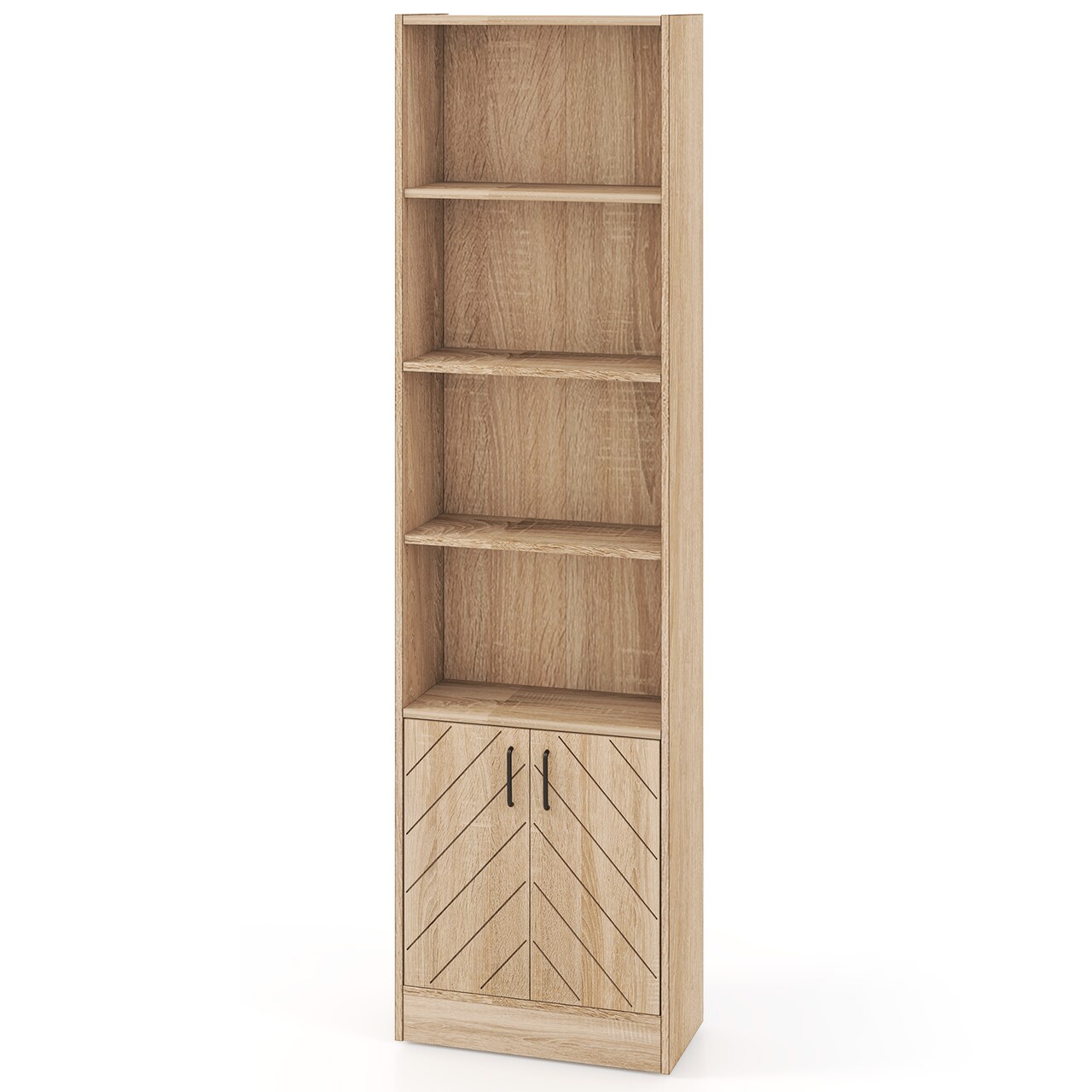Oak Engineered Wood Bookcase with Vertical Strip Design Adjustable Shelf Double-Door Cabinet and Open Storage